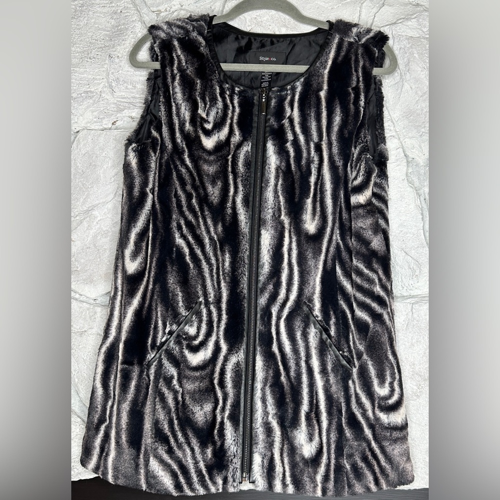 Style & Co. | Women’s Black & White Animal Print Faux Fur Lined Vest, Size M